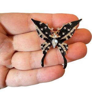 Vintage Jewelry Black Butterfly Brooch Black Rhinestone Butterfly Pin